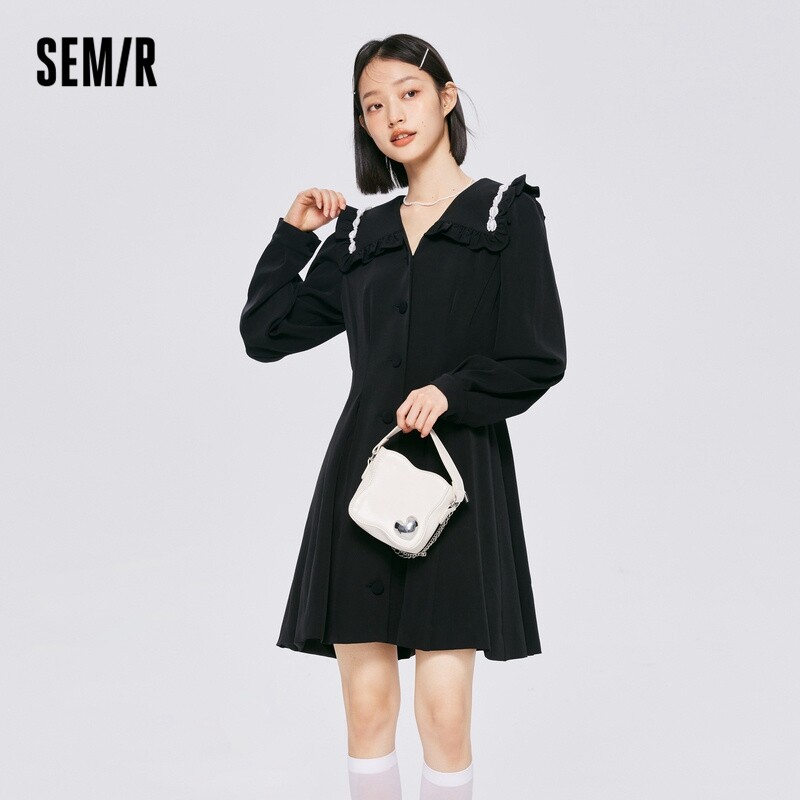 Semir Dress Women Big Lapel Waist Dress Elegant 2024 Autumn New Elegant Ladies Little Black Dress All-Match