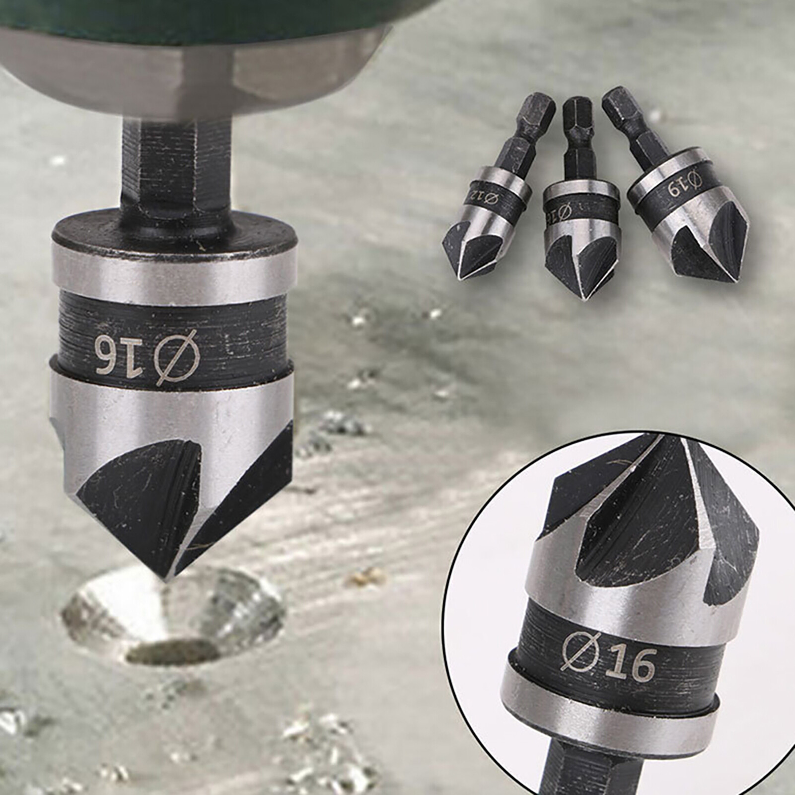 Farfi 3Pcs Drill Bits 90 Degree 1/4 Hexagonal Handle Carbon Steel Chamfer Wood Work Hole Drill Bit for Board Chamfer Drill Bit