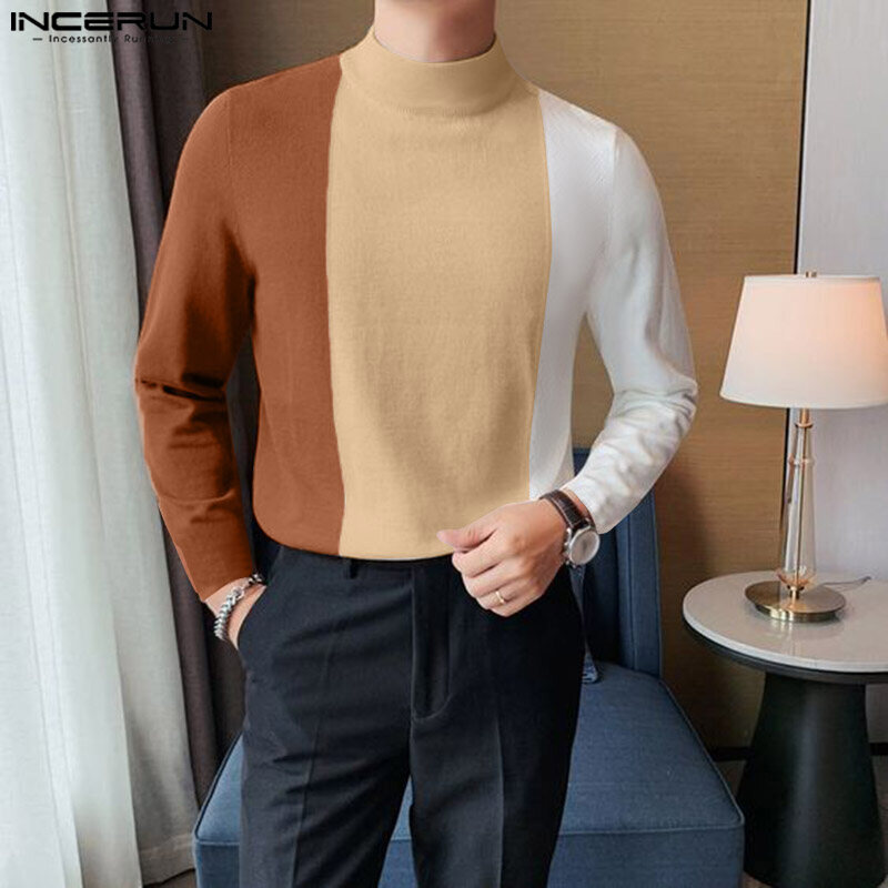 INCERUN Mens Warm Long Sleeve Mock Neck Patchwork Shirts Casual Pullover Tops Blouse (Korean Style)