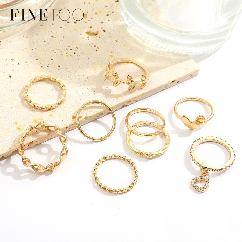 FINE TOO 9pcs/set Heart Leaf Gold Ring Set for Women Crystal Hollow Twists Ring Accessories Jewelry