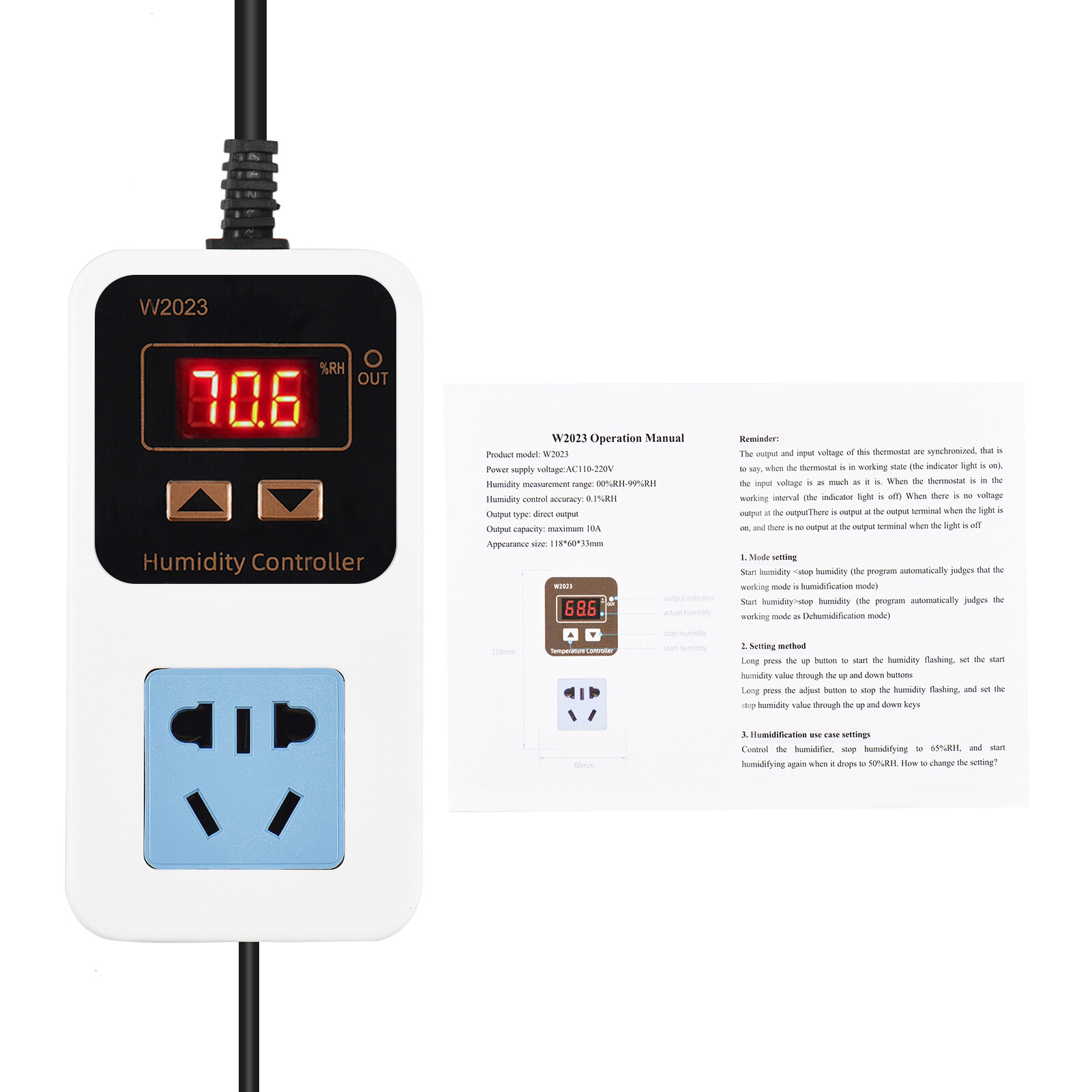 NANWEI Bộ Điều Khiển Độ Ẩm Điện Tử 110-220V 10A 1500W Công Tắc Điều Khiển Độ Ẩm Màn Hình Kỹ Thuật Số Thông Minh Kèm Cảm Biến Công Tắc Điều Khiển Hút Ẩm Độ Ẩm Gắn Tường Ổ Cắm