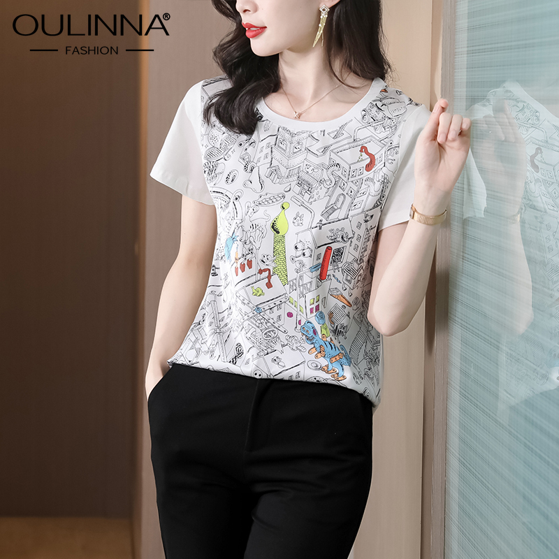 OULINNA ผ้าไหมเสื้อยืดสตรีแขนสั้นการ์ตูนภาพประกอบพิมพ์เสื้อ2022ฤดูร้อน ...