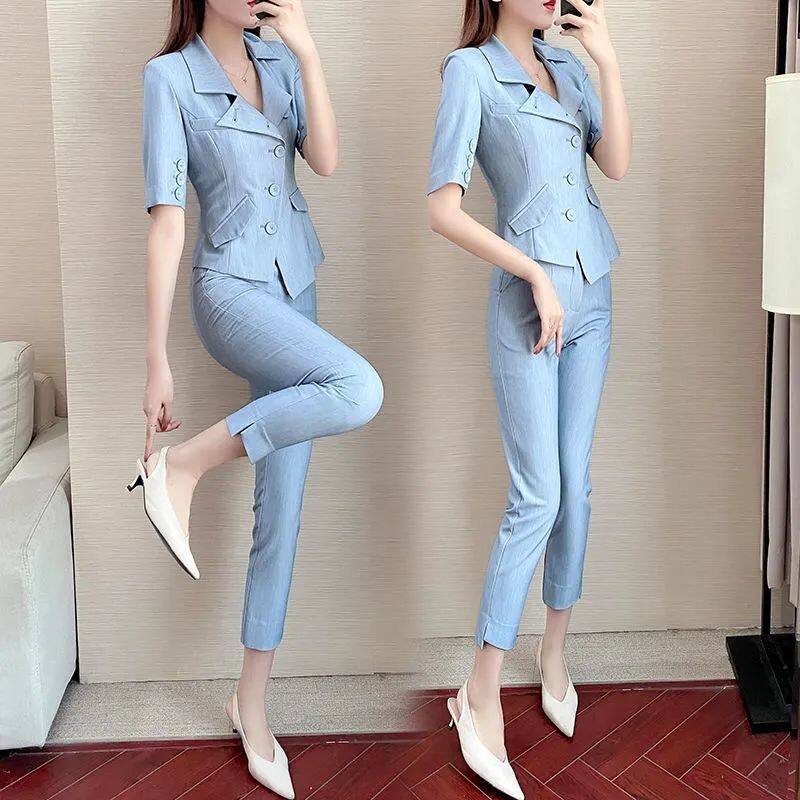 Vivi 2Pc High-end OL Professional Suit Set Female Summer Thin Style Temperament Professional Wear Formal Short Sleeve Suit Ladies Blazer Pants Suit