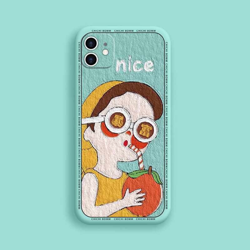 QuXis Luxury Square Liquid Silicone Case for iPhone 14 13 12 11 Pro Max SE 2020 7 8 Plus Fashion Cartoon oil painting rich woman drinking coconut juice Soft Phone Full Cover Cases for iPhone X Xs Xr 7P 8P Cartoon Casing