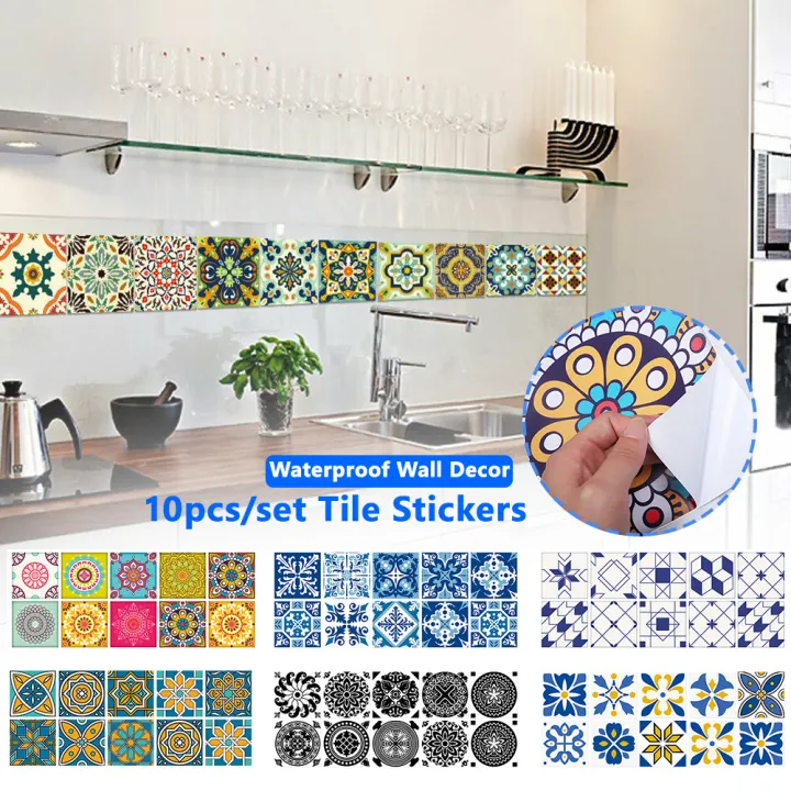 10pcs//set Self Adhesive Home Tile Stickers Wall Decor Moroccan Style Kitchen