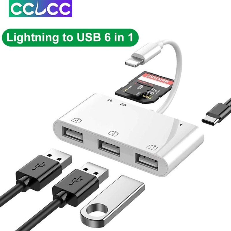 6 in 1 lightning to usb otg card reader sd/tf/usb adapter lightning to camera connection adapter for iphone 14 13 12 11 pro 8 x