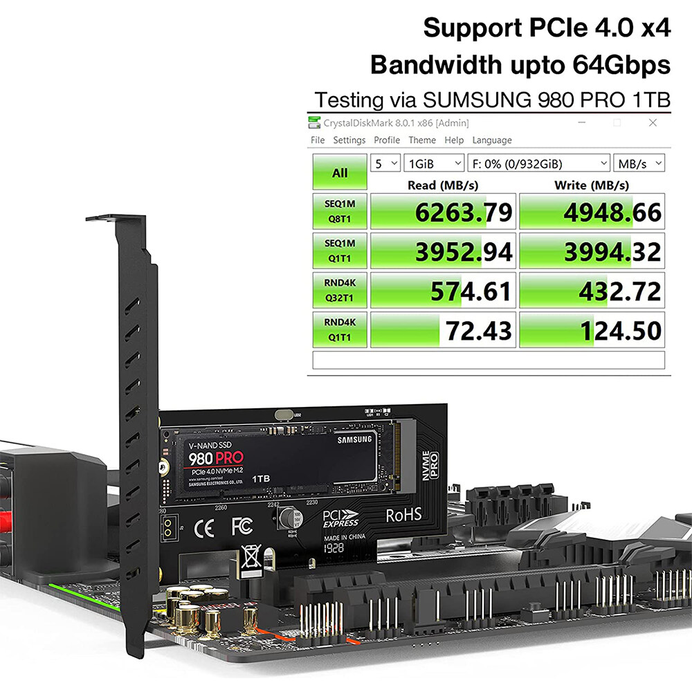 Jeyi PCIe để NVMe Adapter với nhôm SSD Tấm tản nhiệt làm mát, 64gbps M.2 SSD gen4 PCIe 4.0 x4 x8 X16 bo mạch mở rộng cho máy tính để bàn