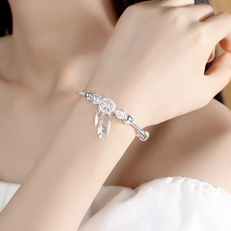 Frascati Vintage Adjustable Silver Color Bangle Hollow Out Round Bead Tassel Charm Bracelet For Women Elegant Jewelry