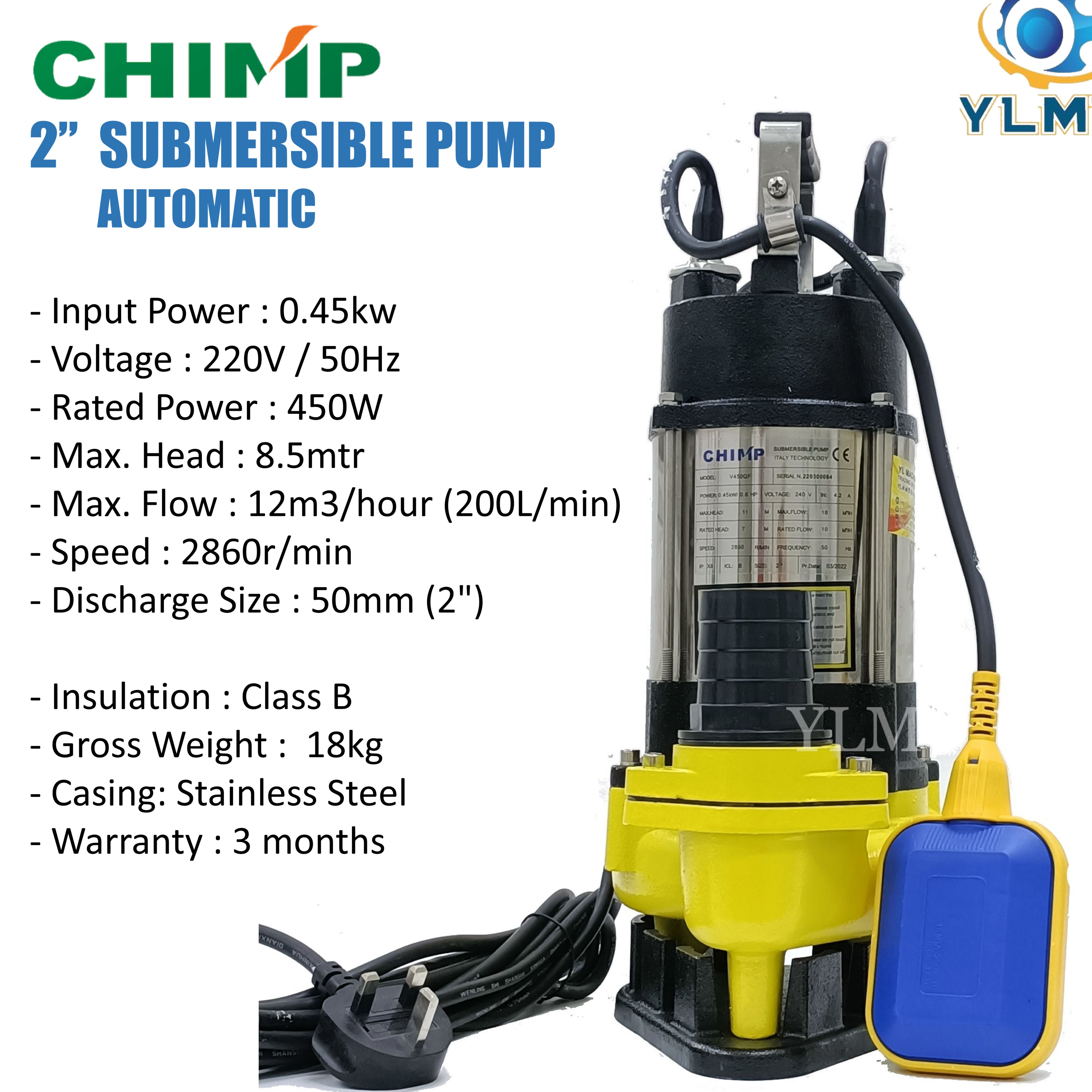CHIMP Stainless Steel Submersible Water Pump Manual / Auto / garden
