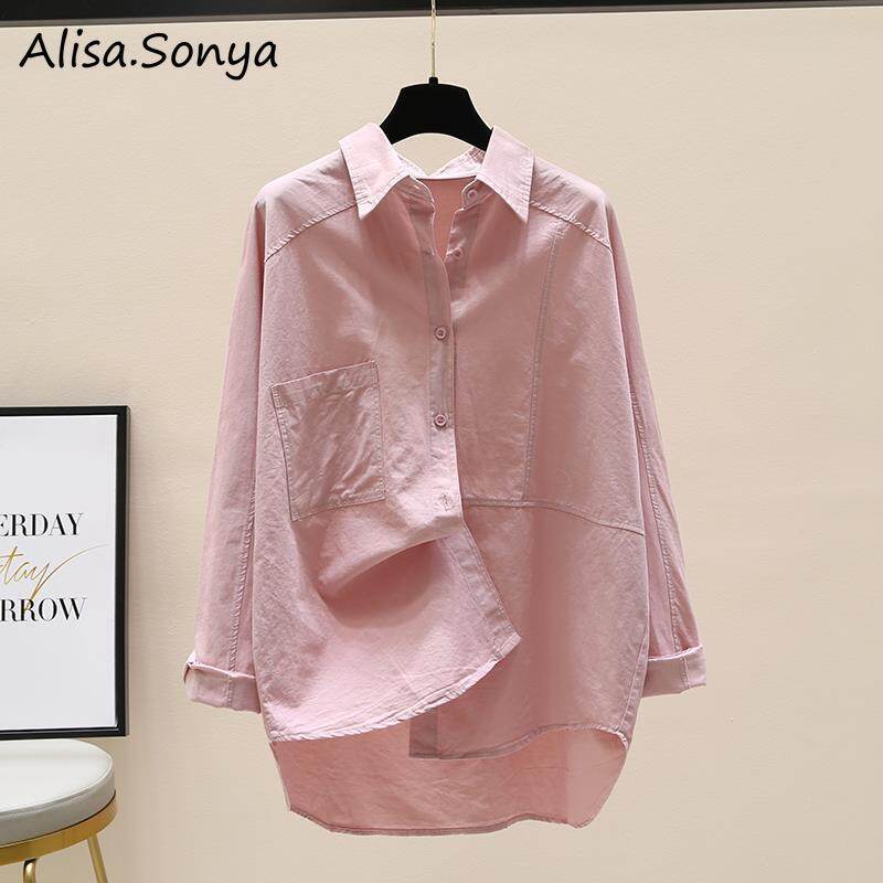Alisa.Sonya Áo Sơ Mi Trắng Cotton Cho Nữ Áo Cánh Dài Tay Cơ Bản Màu Trơn Cài Cúc Thời Trang Cơ Bản Phong Cách Hàn Quốc Cho Nữ