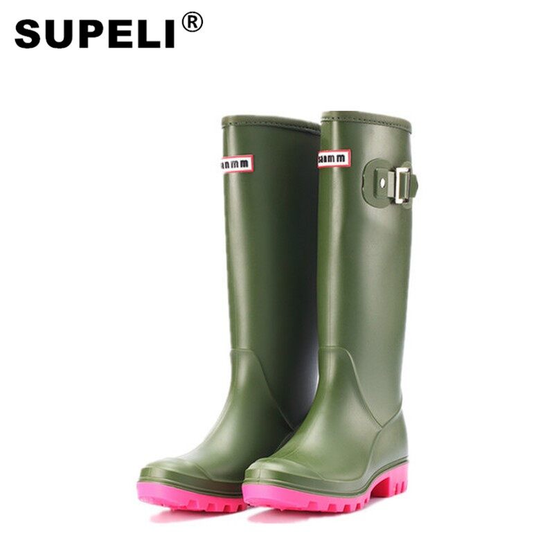 SUPERLI Fashion Rainboots Women Knee-High Water Boots Buckle Long Tube High-grade Waterproof Shoes Womens Rubber PVC Rain Boots