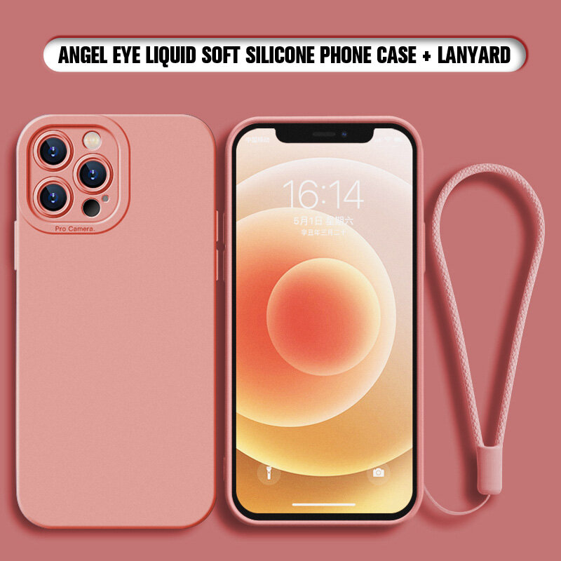 Soft Case For iPhone 13 12 11 Pro Max/Mini/X/XS/XR/XS MAX With Lanyard Phone Case Luxury Straight Edge Liquid Silicone Angel Eyes Casing Simple Shockproof All-inclusive lens Couples Back Cover
