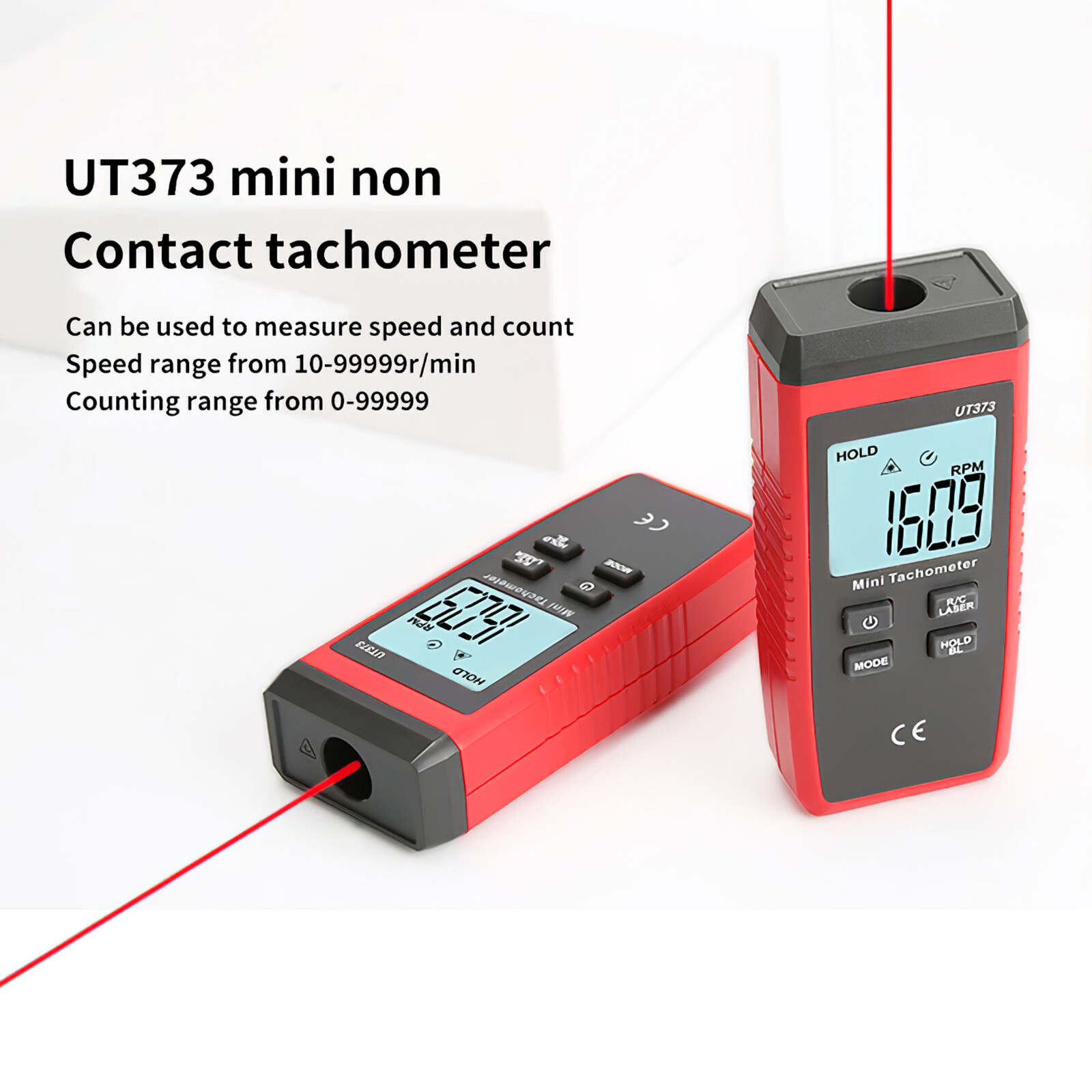 UT373 Compact Laser Tachometer Non-Contact RPM Meter Motor Spinning Rate Tester Manual Tachometer 10-99999RPM Distance Meter with LCD Back Light Display Battery Powered Efficient Industries Photoelectric Safe