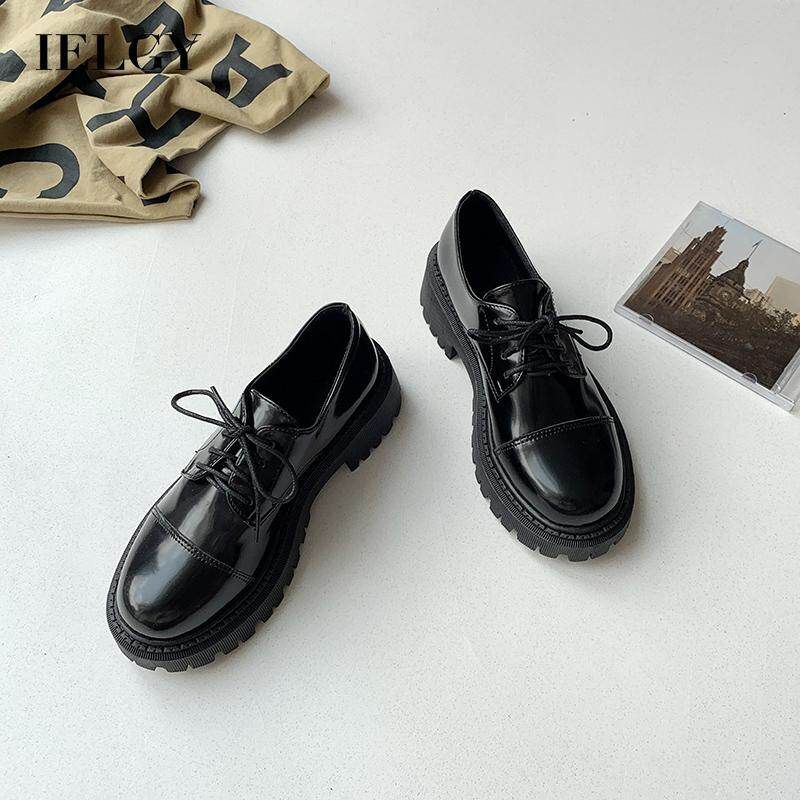 IELGY women's low top lace-up leather shoes 5cm high platform black sandals