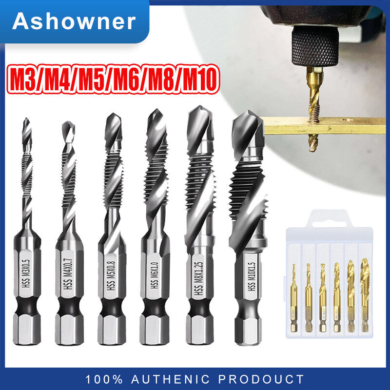 6Pcs M3-M10 Hex Shank Titanium Plated HSS Screw Thread Metric Tap Drill Bits Set Screw Machine Compound Thread Hand Tools with Box