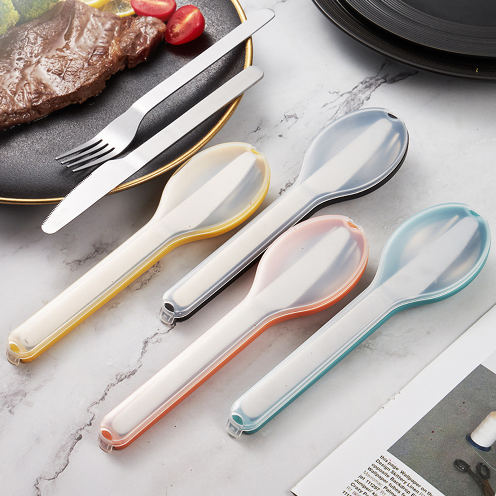 Sanwood® 1 Set Cutlery Set Rustproof Non-slip Stainless Steel Long Handle Spoon Fork Cutter Tableware Set for Camping Cutlery Set Rustproof
