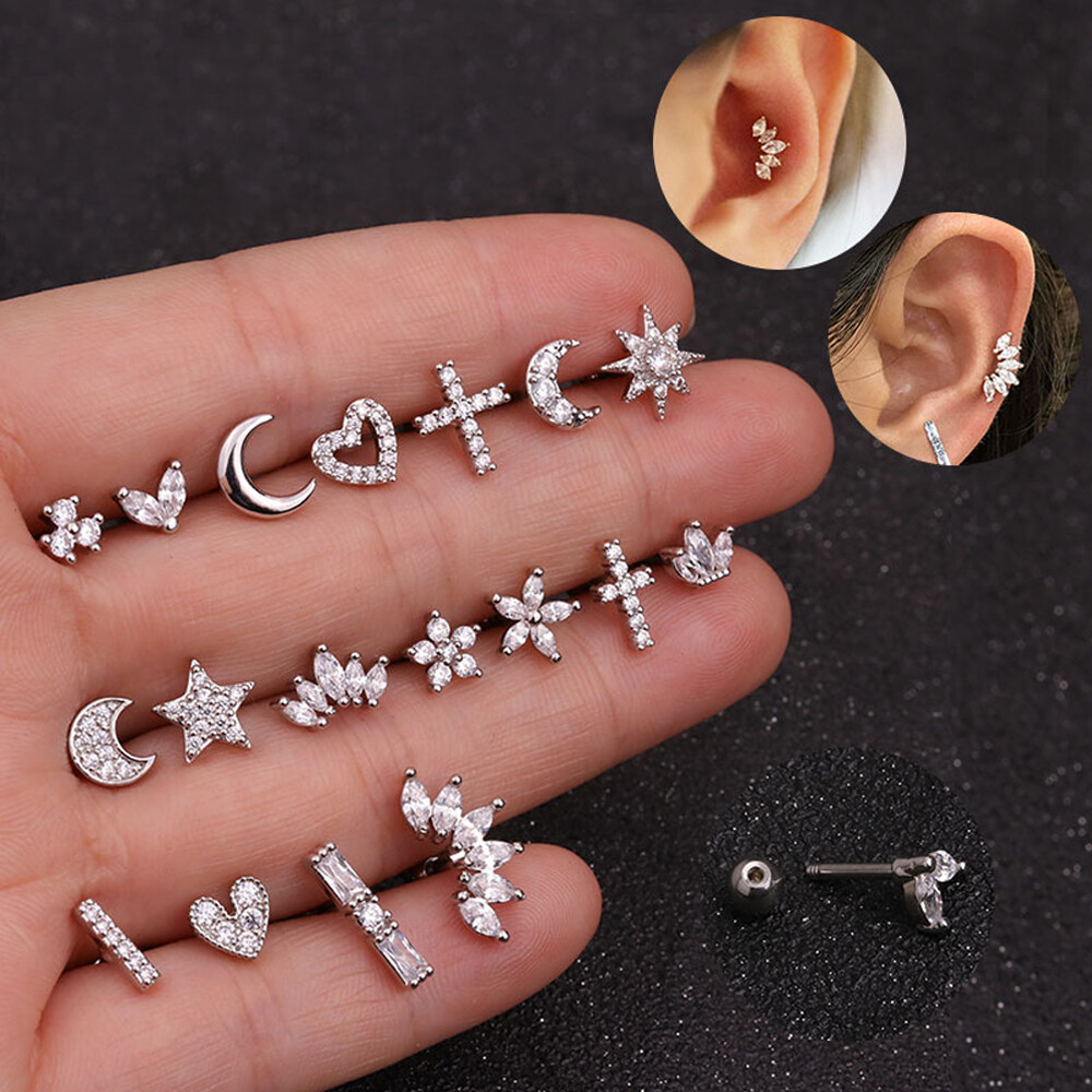 1PC Punk Rock Cartilage Helix Tragus Women Girl Star Moon Heart Stud Earrings Body Jewelry Silver Gold Color CZ Ear Piercing