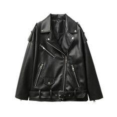 2023 mới của phụ nữ da xe máy giả da PU Áo khoác jacket rộng áo khoác màu Đen 002