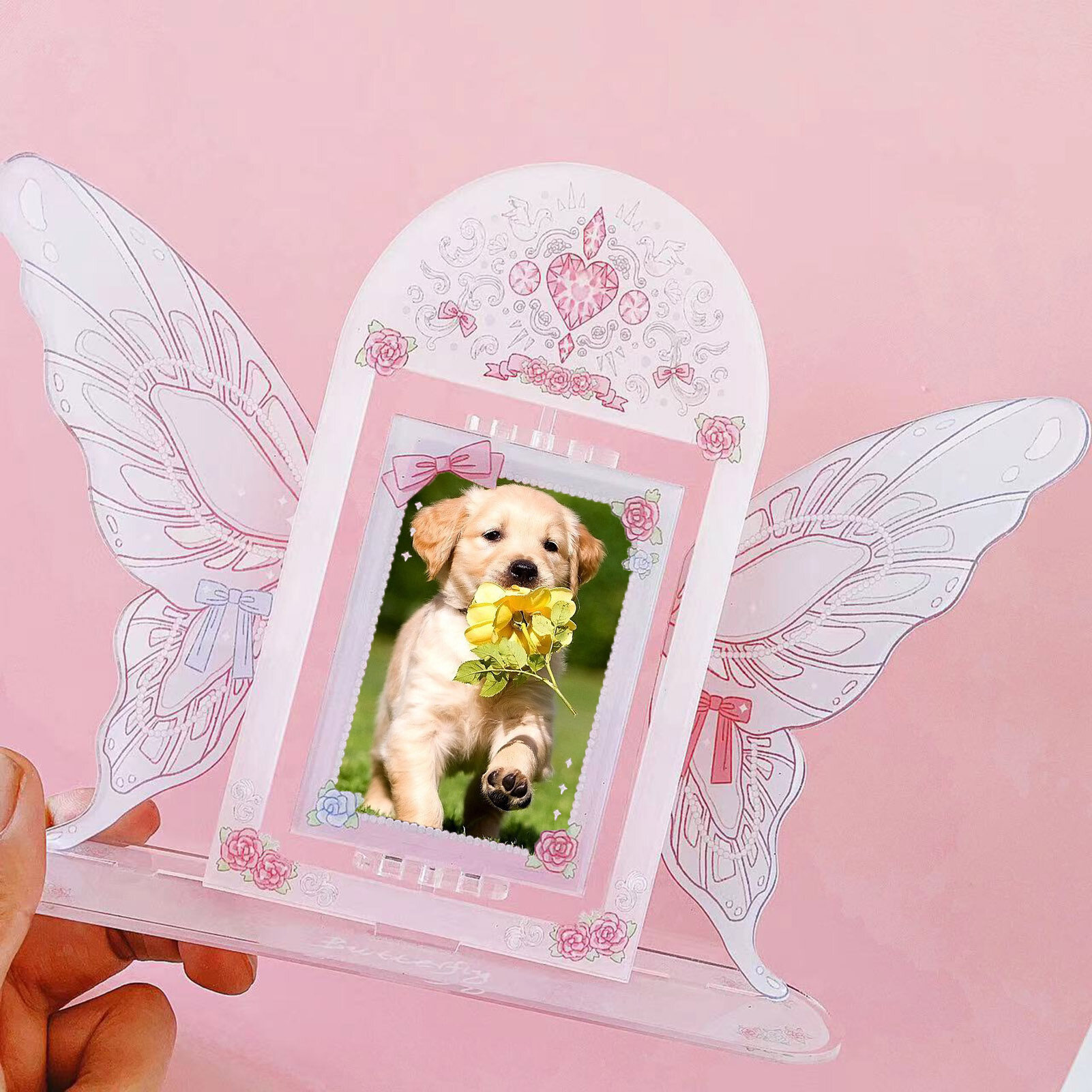 Cerdars double sides exquisite pattern bright color rotating creative photo frame butterfly display stand photo frame desktop decoration supplier photocard side stand up display
