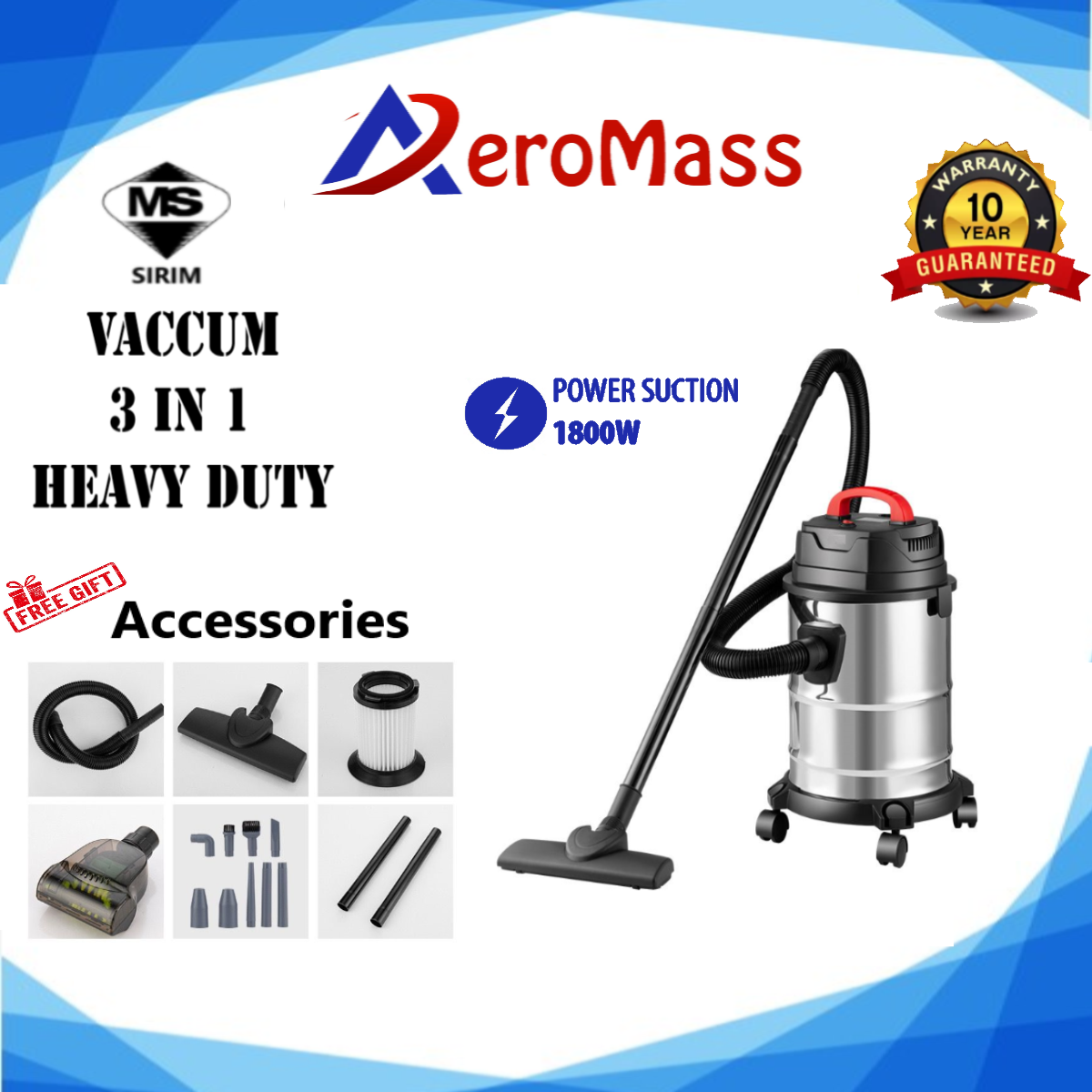 AeroMass 3 In 1 Heavy Duty Stainless Steel Vacuum Cleaner Dry & Wet ...