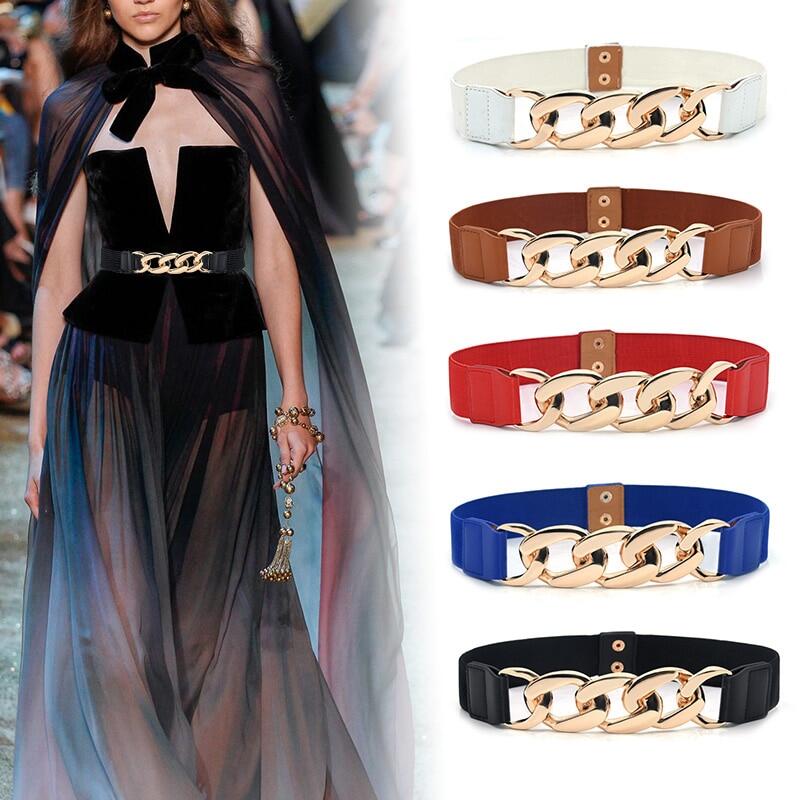 Elastic Wide Women Waist Belt Gold Color Chain Ladies Dress Belt Fashion Coat Sweater Female Waistband