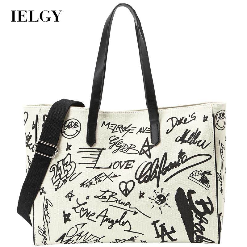 IELGY Zipper Graffiti Woman's bag Tote One shoulder Large capacity Canvas Apricot Portable