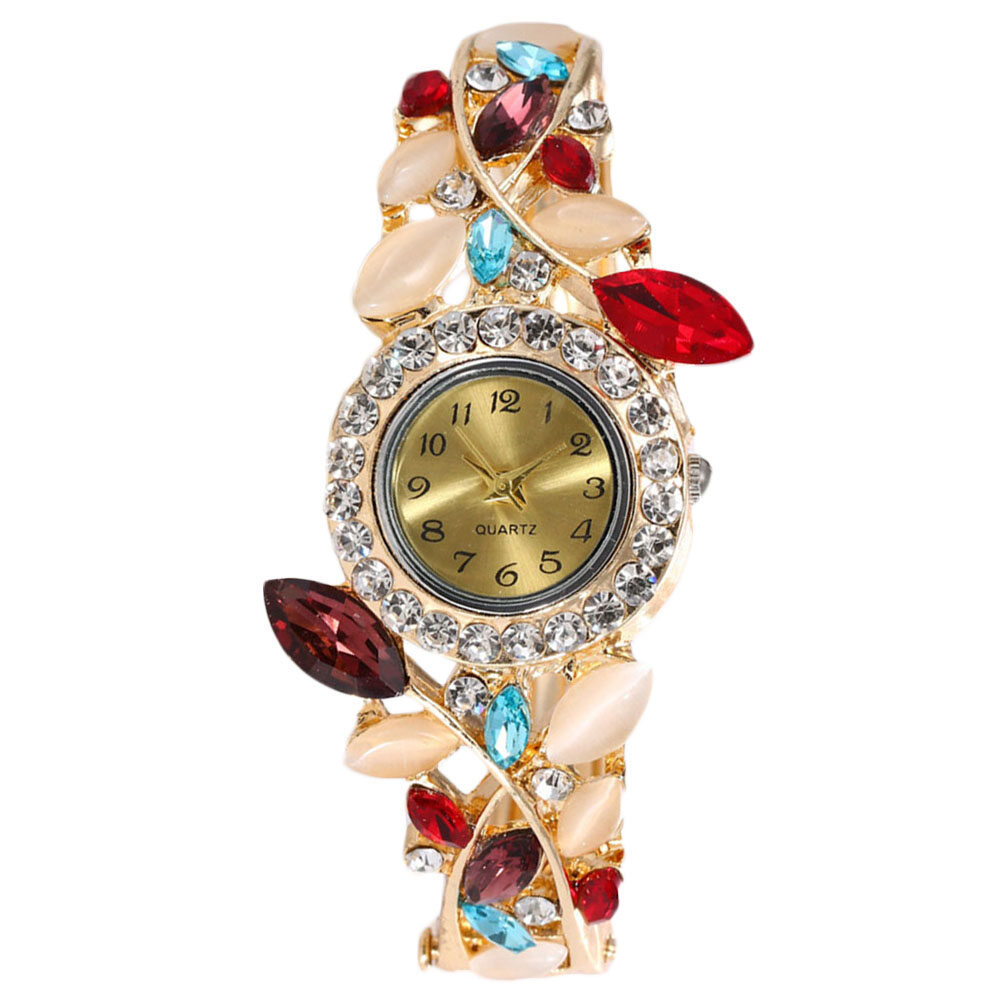 ningxiang Luxury Women Rhinestone Leaf Round Dial Analog Open Bracelet Quartz Wrist Watch