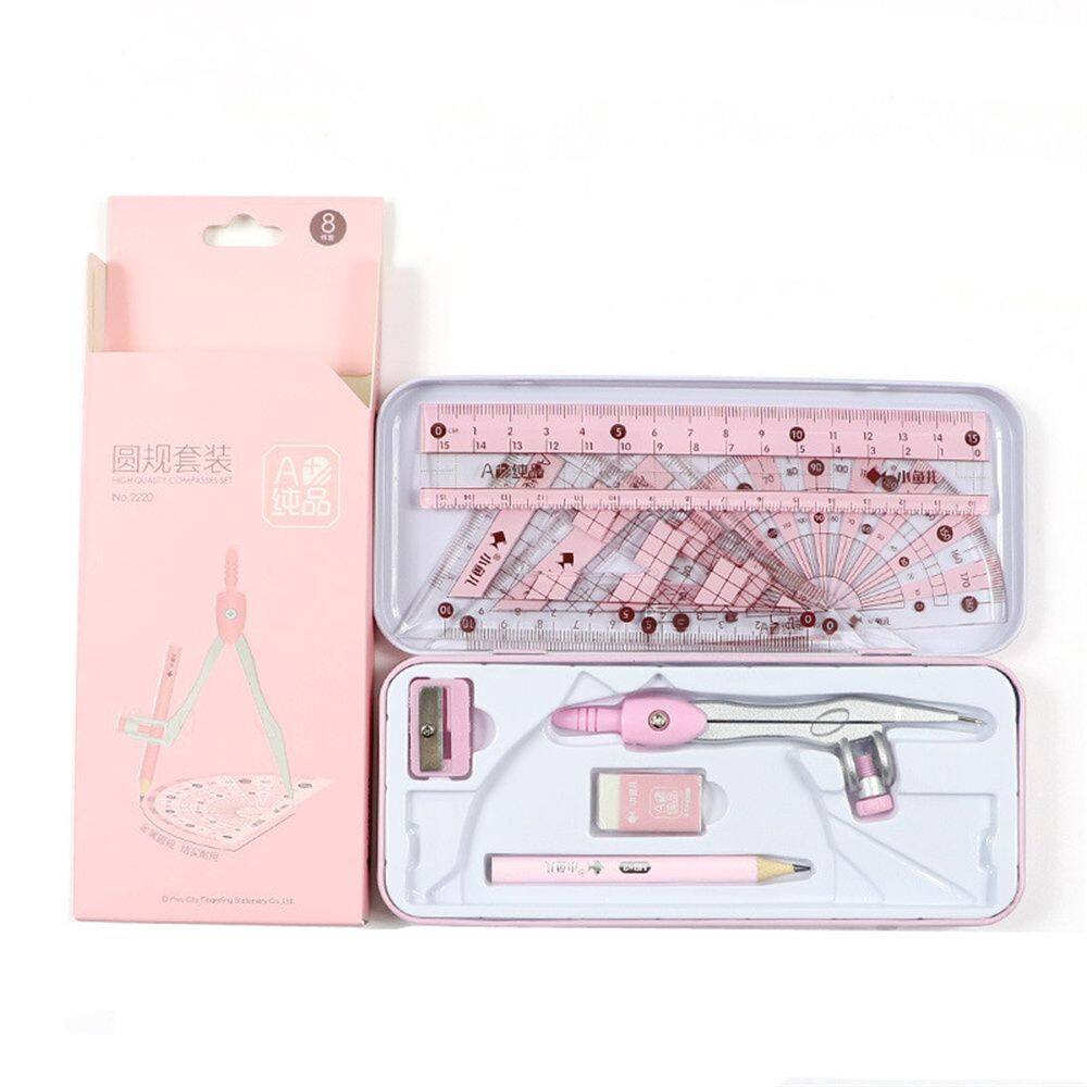 MMLUCK Back To School 8pcs/set Math Measuring Tool Eraser Iron Packaging For Students Compasses Set Straight Ruler Math Drawing Tool Geometry Protractor