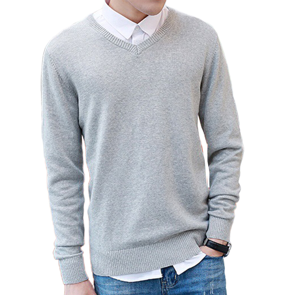 Men Solid Color V Neck Long Sleeve Slim Pullover Plus Size Knitwear Sweater