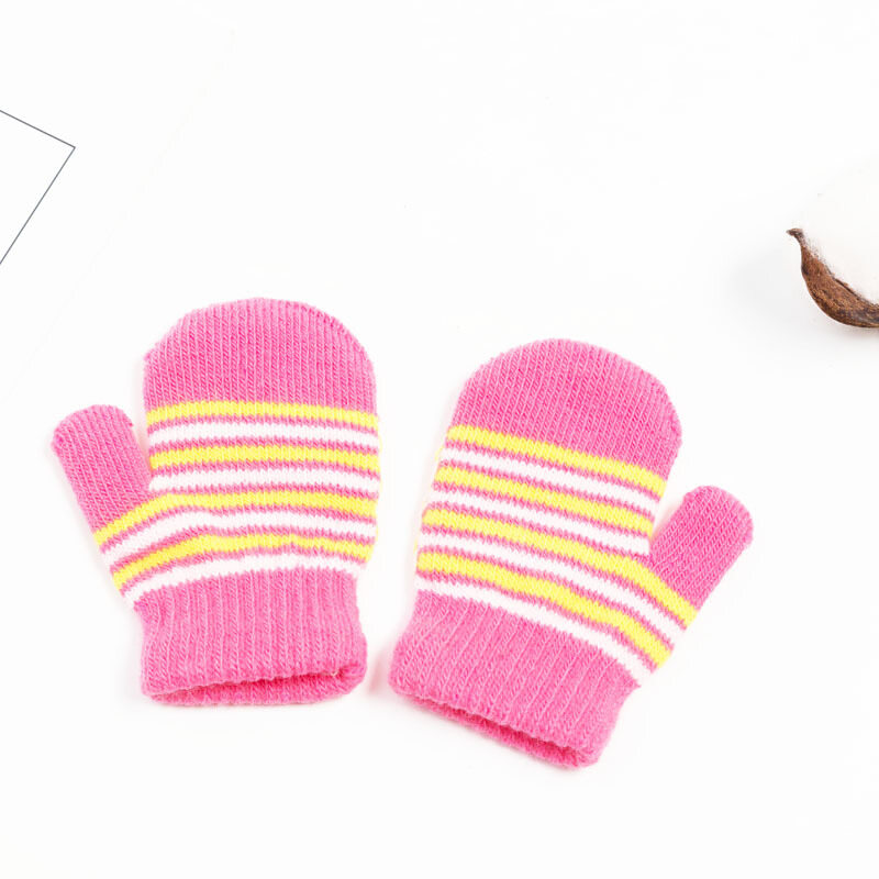 Kids Knitted Mittens Colorful Stripe Winter Warm Thicken Gloves Baby Boys Girls Full Finger Gloves