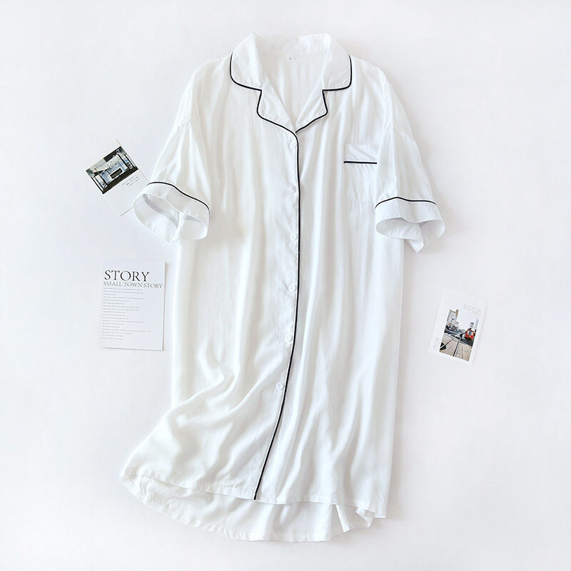 Nightdress women's summer short sve simple rayon Lapel open front loose home clothes women's Nightgown spring and summer pamasNX7D