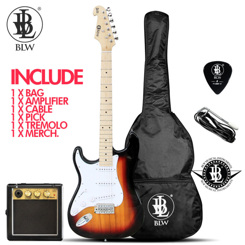BLW Left Handed Glitz Stratocaster Style Electric Guitar Starter Beginner Pack comes with ProRock Mini Amplifier Bag, Cable, Strings, Pick and Merchandise Sticker Malaysia