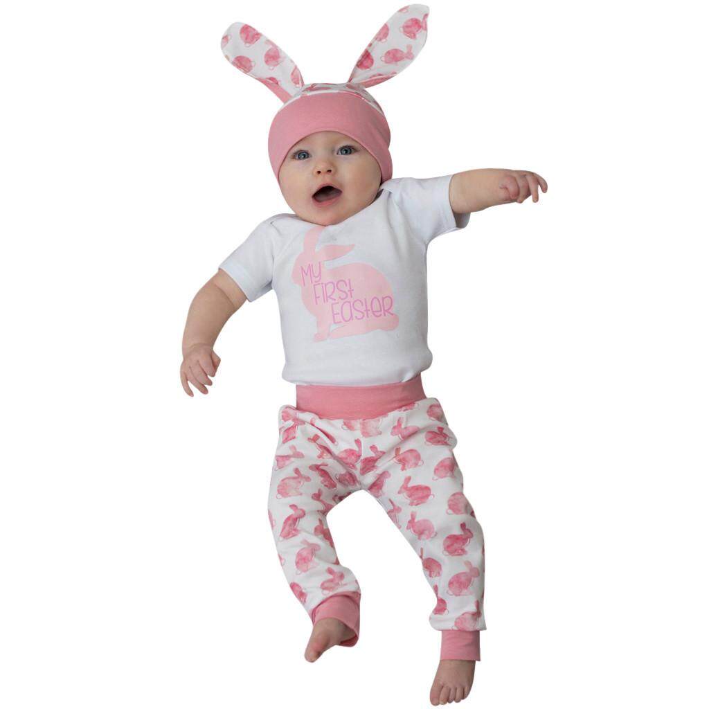 First Easter Newborn Baby Girl Boy Cartoon 3D Bunny Romper Hat Pants Outfits Set