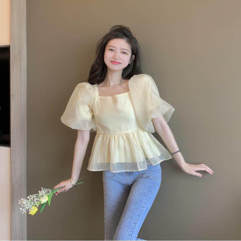 IELGY women's French waist ruffled bandage puff sleeve mesh chiffon shirt