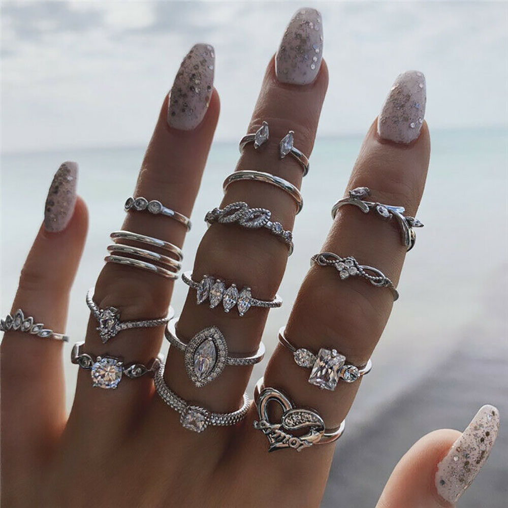 15Pcs Bohemian Ring Love Leaf Diamond New Joint Ring Set