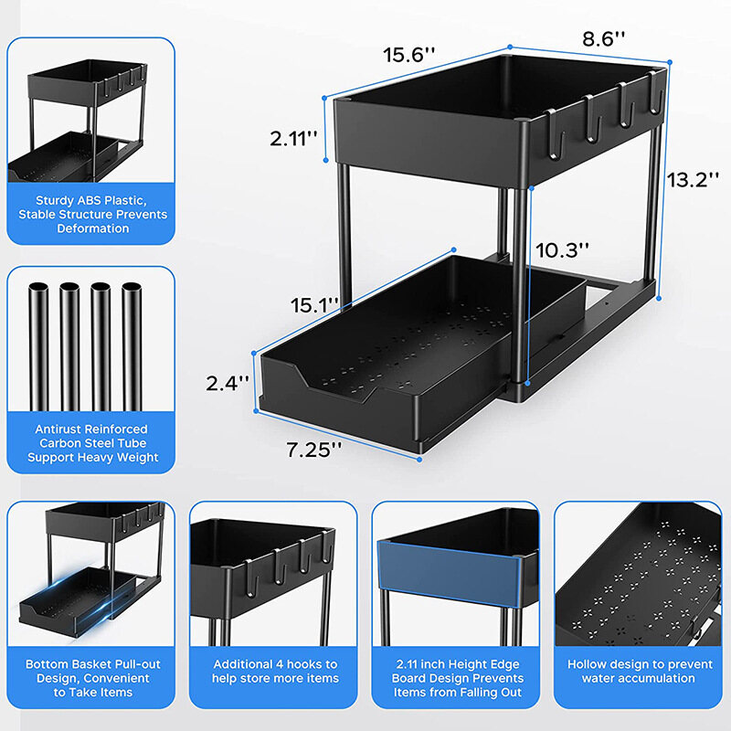 2 Tier Under Sink Storage Organizer Sliding Drawer Multipurpose Rack Cabinet Under Sink Storage Rack Bathroom Kitchen Organizer