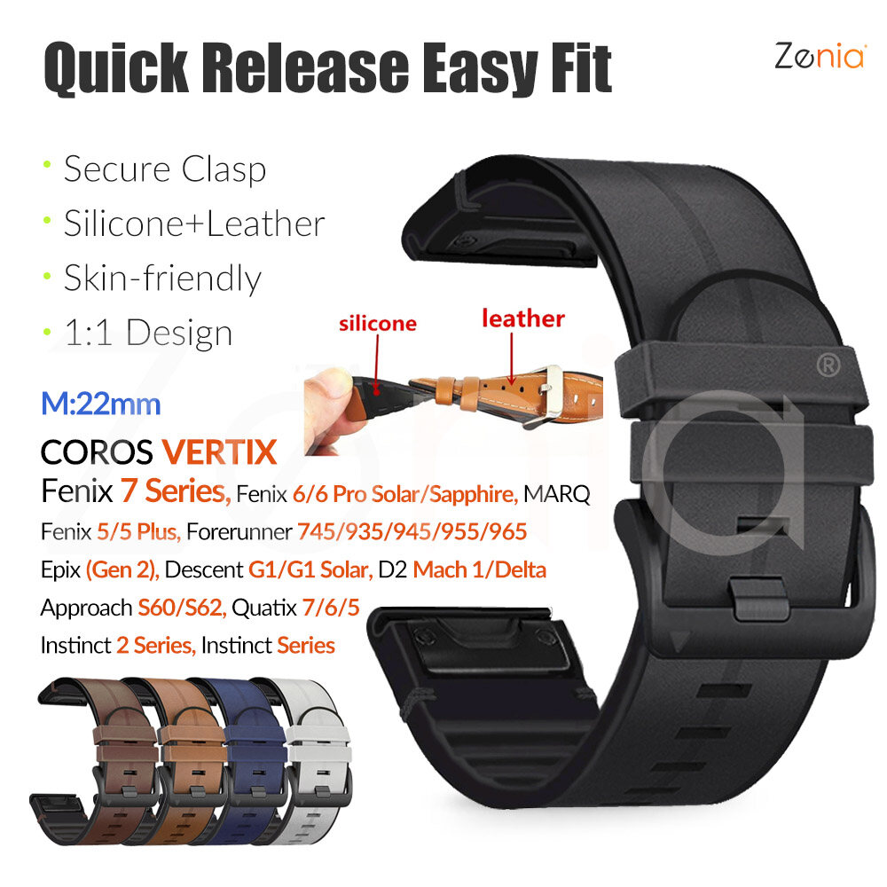 Zenia 22MM Replacement Skin-friendly Silicone Leather Quick Release fit Watch Strap for Garmin Fenix 7 6 Pro Sapphire Solar 5 Plus Quatix Forerunner 745 935 945 955 965 Approach S60 S62 D2 Mach 1 Delta MARQ Instinct Camo epix Gen 2 Descent G1 COROS VERTIX