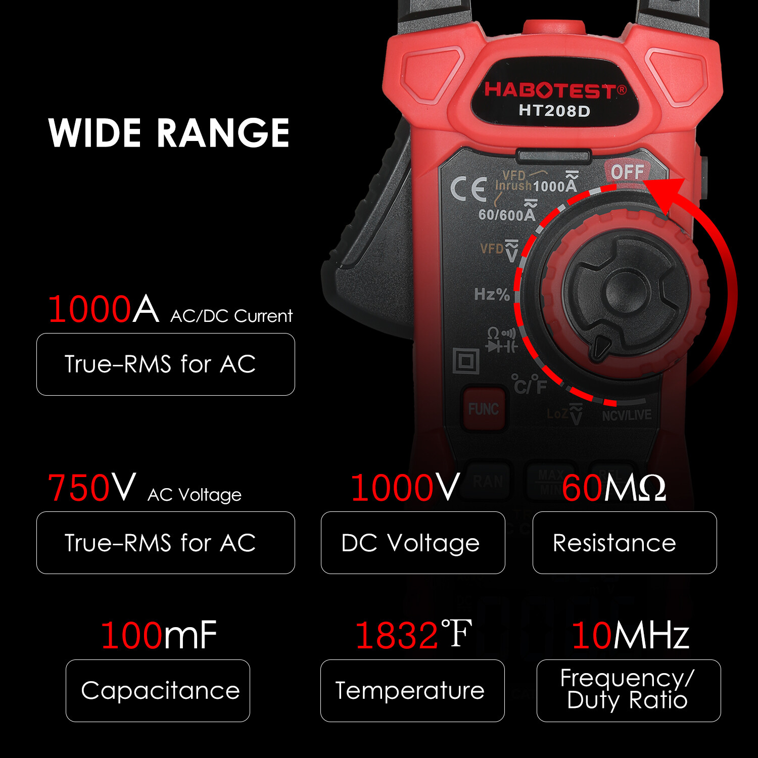 KKmoon HABOTEST AC/DC Digital Clamp Meter True-RMS Multimeter Anto-Ranging Multi Tester Current Clamp with Amp Volt Ohm Diode Capacitance Resistance Continuity NCV Temperature Duty Ratio VFD Tests