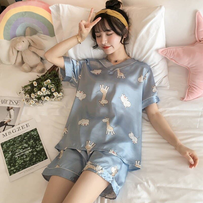 Nơi bán Đồ Ngủ Nữ Xuân Hè Giả Lụa Ngắn Tay Hai Mảnh Phù Hợp Với 睡衣女士春夏季仿真丝 短袖两件 套装 可爱薄款冰丝绸韩版夏天家居服