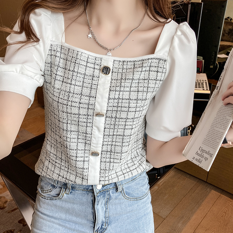 YIGE summer Korean women's plaid square collar blouse plus size elegant temperament