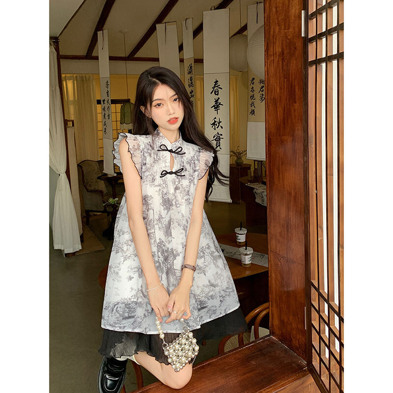 NICK women's skirt new chinese style small flying sleeve dress The new style of ink painting looks thin and fake two A-line skirts