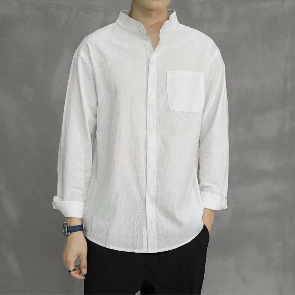 Men's Linen Shirts Korean White Long Sleeve Polo Summer Solid