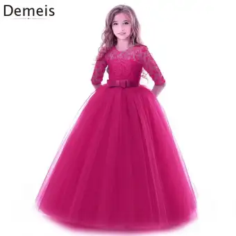 Demeis Dress Girls Kids Princess Maxi Dresses Short Sleeve Lace