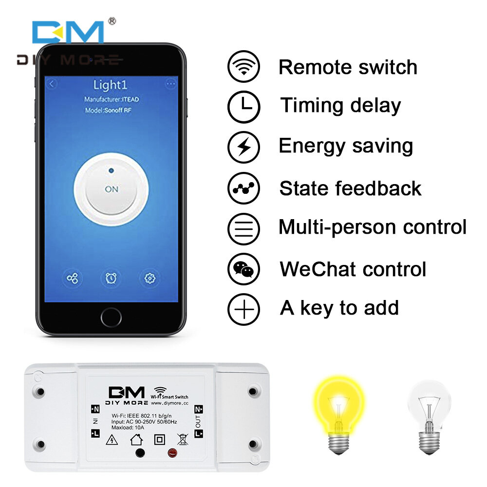 Diymore AC90V-250V Wifi Smart Switch APP Control Module Wireless Relay Switch Universal DIY Smart Wireless Remote Switch Domotica Wifi Light Switch Smart Home Controller Work with Alexa