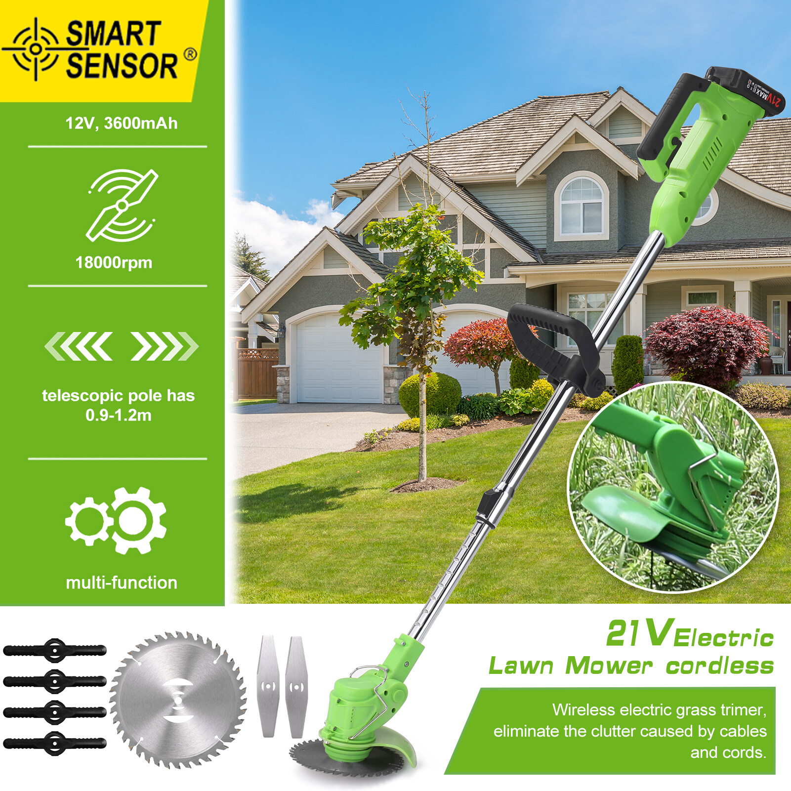 Máy Cắt Cỏ Điện Cảm Biến Thông Minh Pin Li-ion Có Thể Sạc Lại Máy Cắt Cỏ Không Dây, Máy Cắt Tỉa Sân Vườn Gia Dụng Tiện Dụng Tự Động Nhả Để Làm Vườn Màu Xanh Lá Cây