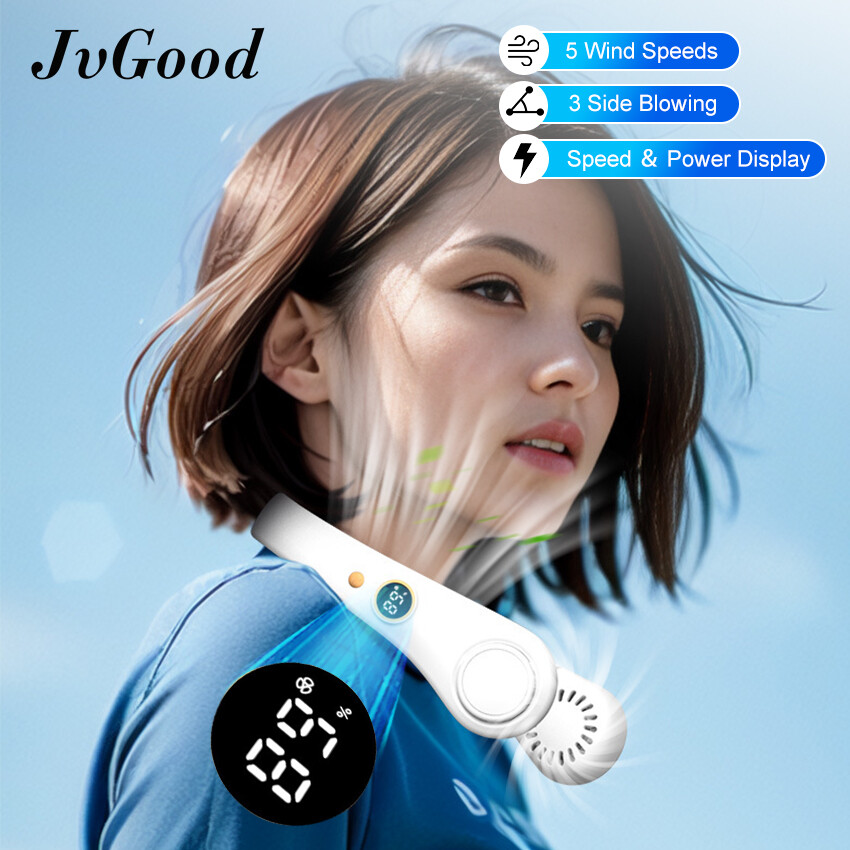 JvGood Hanging Neck Fan Cooler Portable Mini Neck Fan USB Rechargeable Neck Fan Dual Cooling Fan Hands Free Bladeless Fan Super Strong Wind Cooling Fan Summer Fan for Outdoor Sports Home Office Travel
