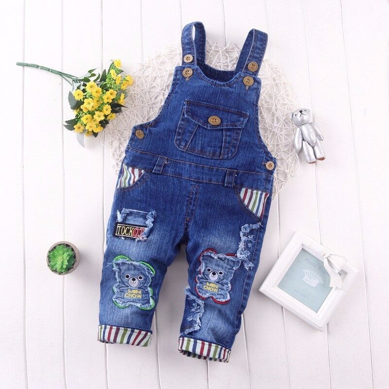 DIIMUU Autumn Kids Fashion Baby Girls Boys Denim Overalls Romopers Casual Bear Patchwork Toddler Jumpsuits Playsuits