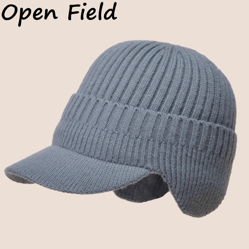 Field Men Winter Knitted Hat Outdoor Warm Thickened Windproof Ear Protection Cap Short Brim Solid Color Hat