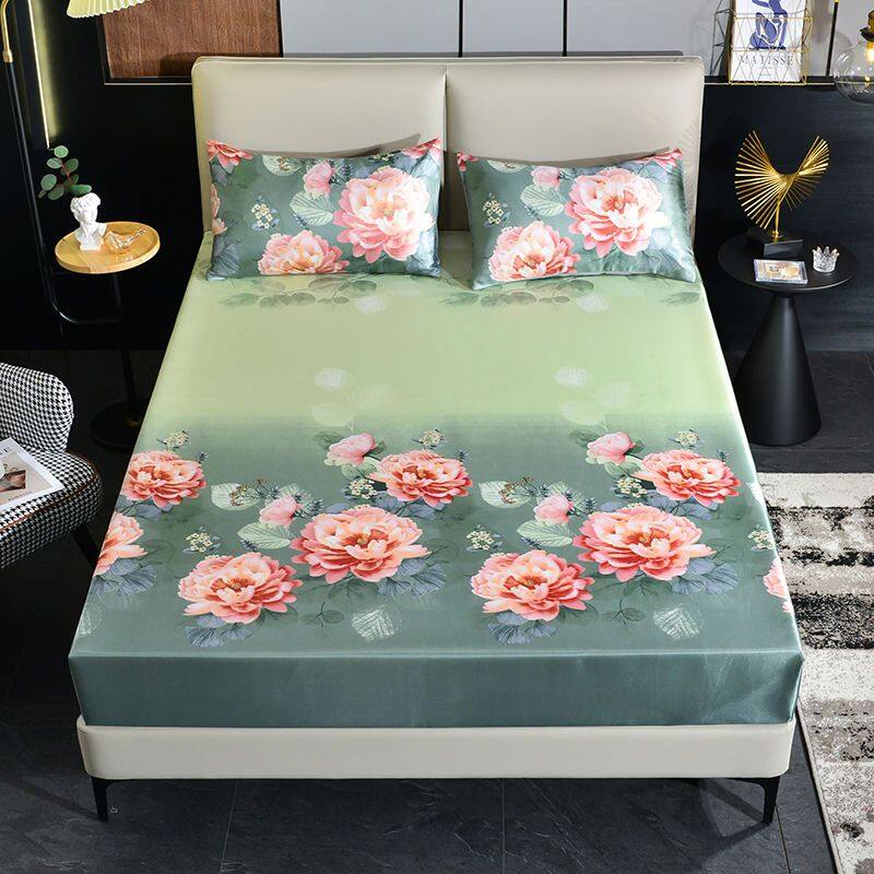 One Piece Ice Silk Fitted Sheet Washable Summer Bed Sheet Double Bed Cover