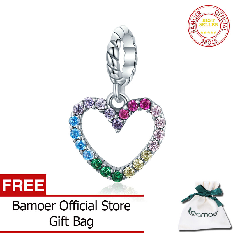 BAMOER 925 Sterling Silver Rainbow Zircon Heart Shape Charm Pendant for Original Bracelet Bangle DIY Making Fashion Jewelry SCC1851